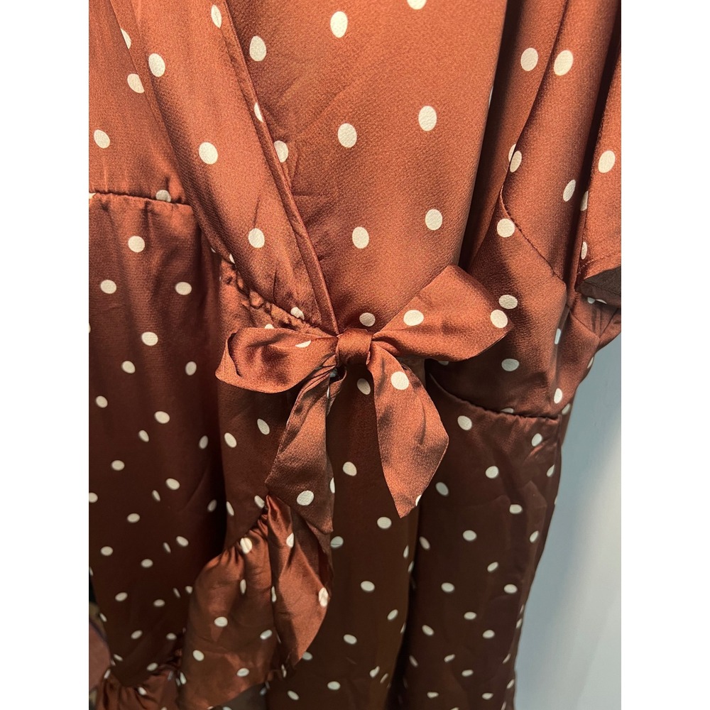 Torrid Brown Satin Polka Dot Faux Wrap Ruffle Midi Dress Plus Retro Size 6X - Picture 5 of 10
